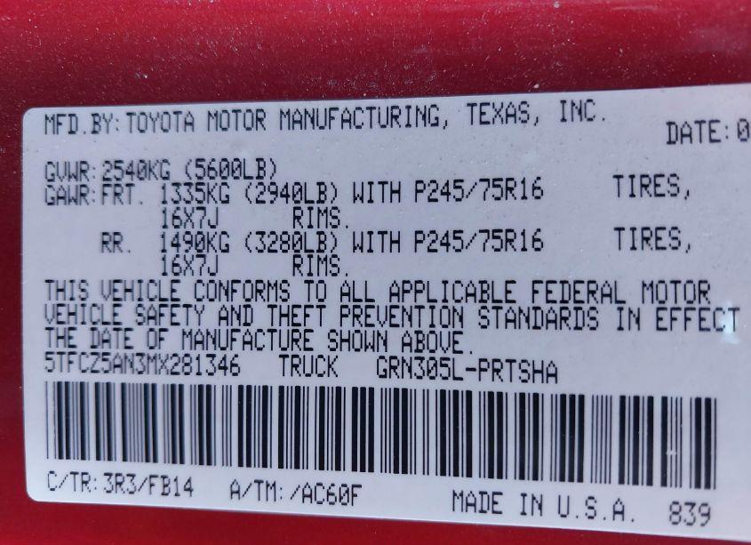 Photo 9 of 2021 Toyota Tacoma SR V6 (VIN 5TFCZ5AN3MX281346)