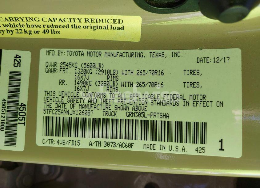 Photo 9 of 2018 Toyota Tacoma TRD OFF ROAD (VIN 5TFCZ5AN4JX126087)