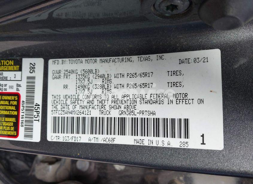 Photo 9 of 2021 Toyota Tacoma TRD SPORT (VIN 5TFCZ5AN4MX264121)