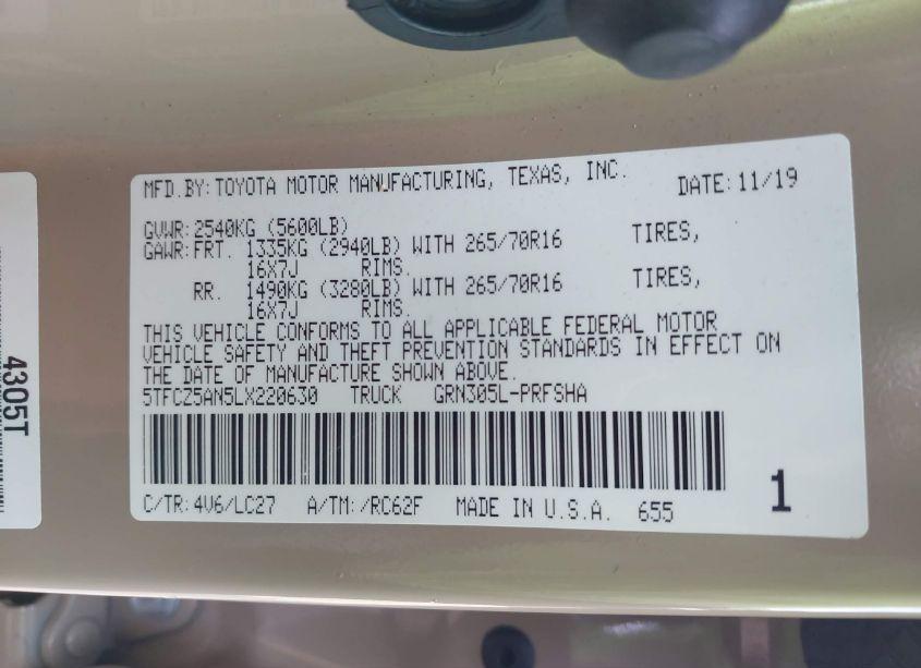 Photo 9 of 2020 Toyota Tacoma TRD OFF-ROAD (VIN 5TFCZ5AN5LX220630)