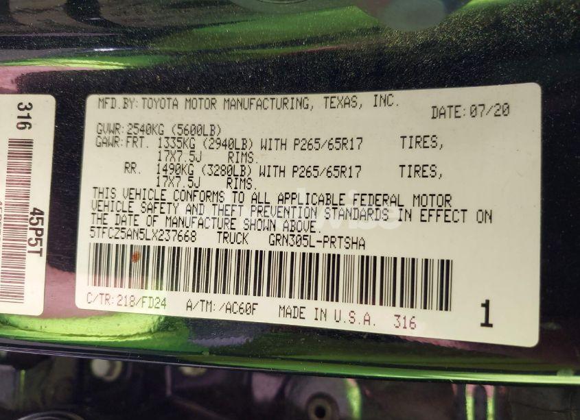 Photo 9 of 2020 Toyota Tacoma TRD SPORT (VIN 5TFCZ5AN5LX237668)