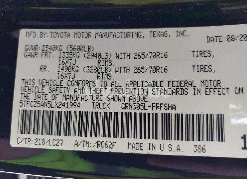 Photo 9 of 2020 Toyota Tacoma TRD OFF-ROAD (VIN 5TFCZ5AN5LX241994)