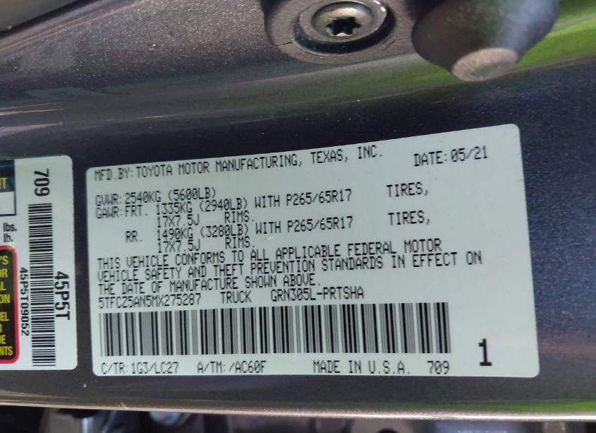 Photo 9 of 2021 Toyota Tacoma TRD SPORT (VIN 5TFCZ5AN5MX275287)