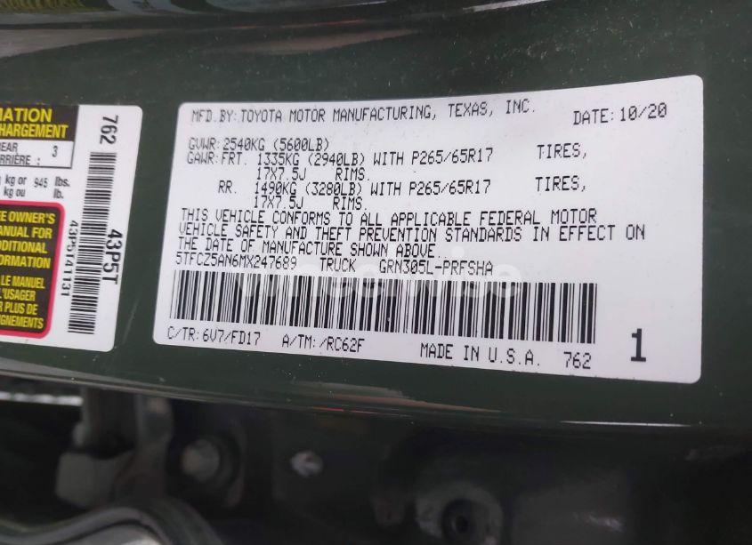 Photo 9 of 2021 Toyota Tacoma TRD SPORT (VIN 5TFCZ5AN6MX247689)