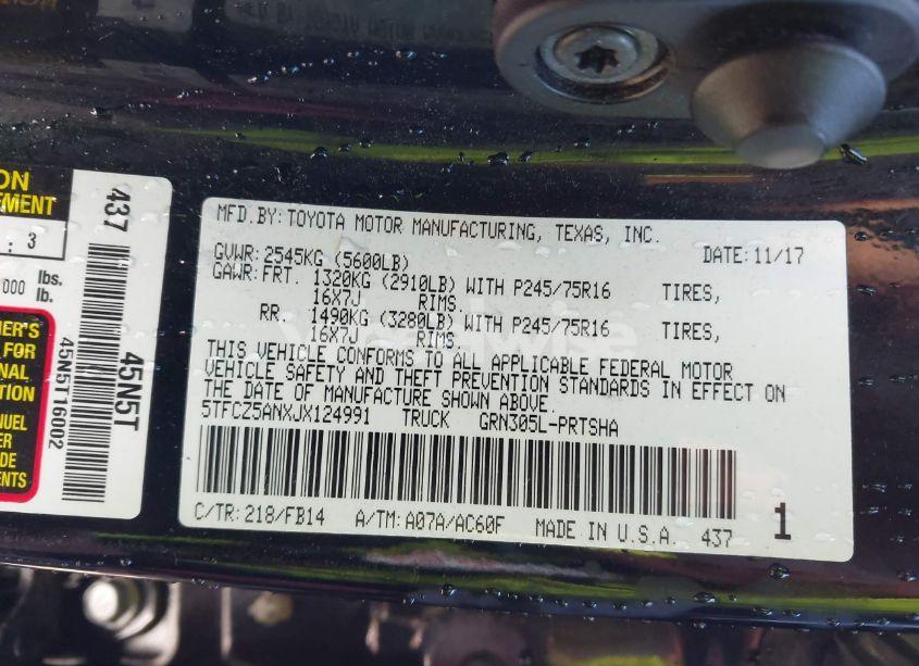 Photo 9 of 2018 Toyota Tacoma SR V6 (VIN 5TFCZ5ANXJX124991)