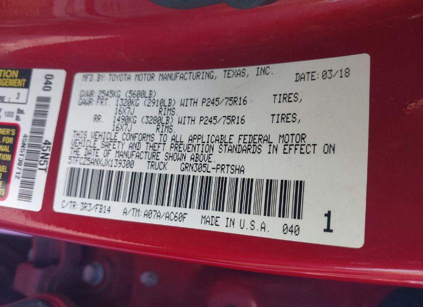 Photo 9 of 2018 Toyota Tacoma SR V6 (VIN 5TFCZ5ANXJX139300)