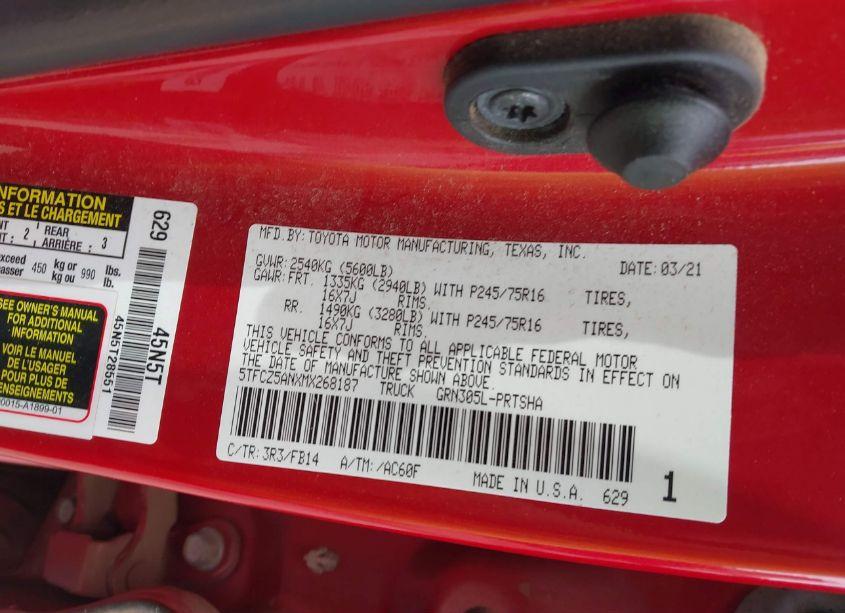 Photo 9 of 2021 Toyota Tacoma SR V6 (VIN 5TFCZ5ANXMX268187)