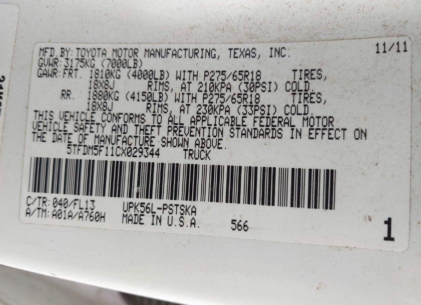 Photo 9 of 2012 Toyota Tundra GRADE 4.6L V8 (VIN 5TFDM5F11CX029344)