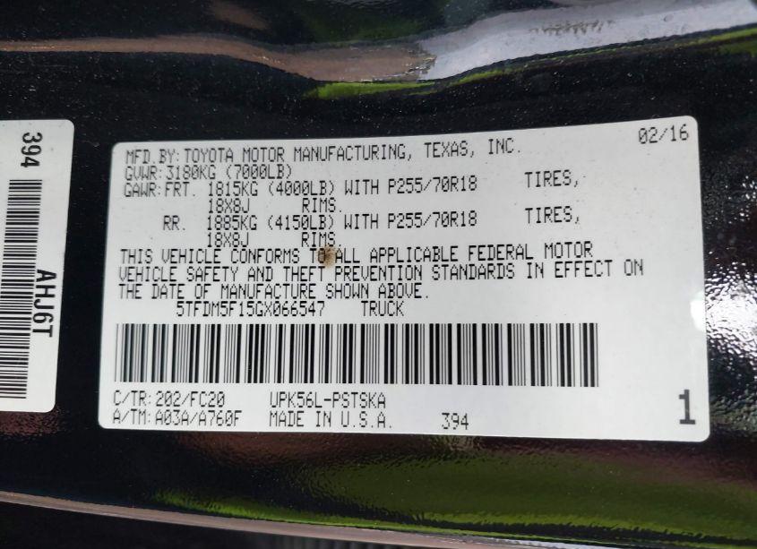 Photo 9 of 2016 Toyota Tundra SR5 4.6L V8 (VIN 5TFDM5F15GX066547)