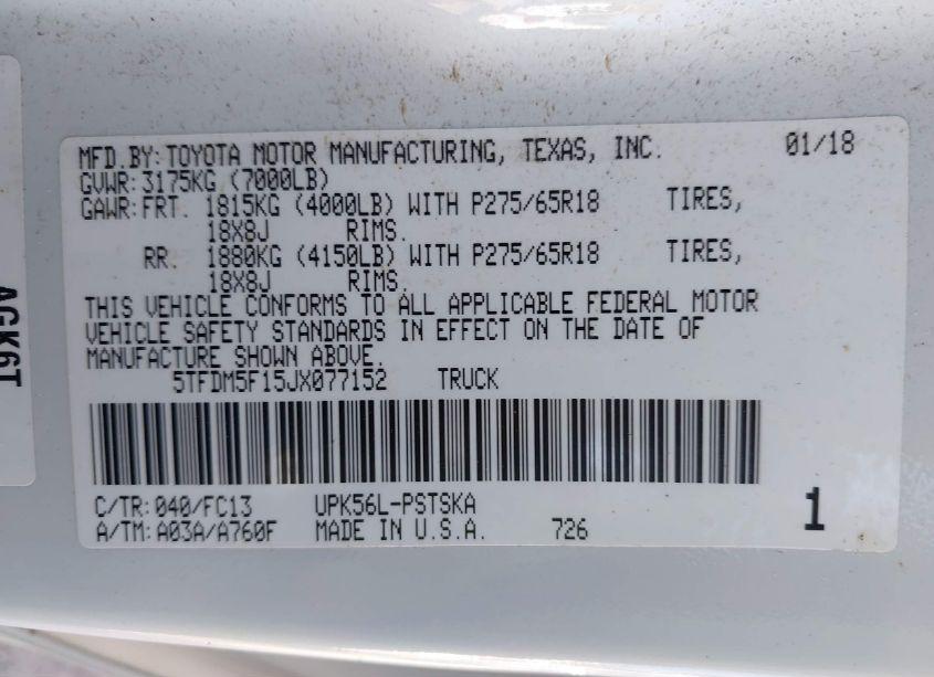 Photo 9 of 2018 Toyota Tundra SR5 4.6L V8 (VIN 5TFDM5F15JX077152)