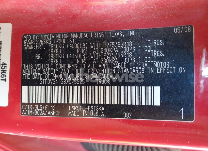 Photo 9 of 2008 Toyota Tundra BASE 5.7L V8 (VIN 5TFDV54158X075525)