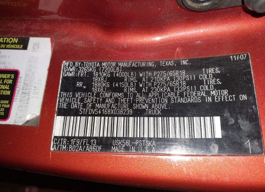 Photo 9 of 2008 Toyota Tundra SR5 5.7L V8 (VIN 5TFDV54168X038239)