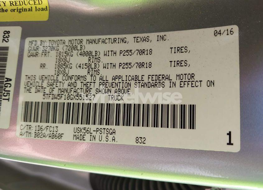 Photo 9 of 2016 Toyota Tundra SR5 5.7L V8 (VIN 5TFDW5F10GX551527)