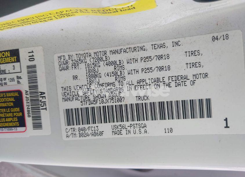 Photo 9 of 2018 Toyota Tundra SR5 5.7L V8 (VIN 5TFDW5F10JX751007)