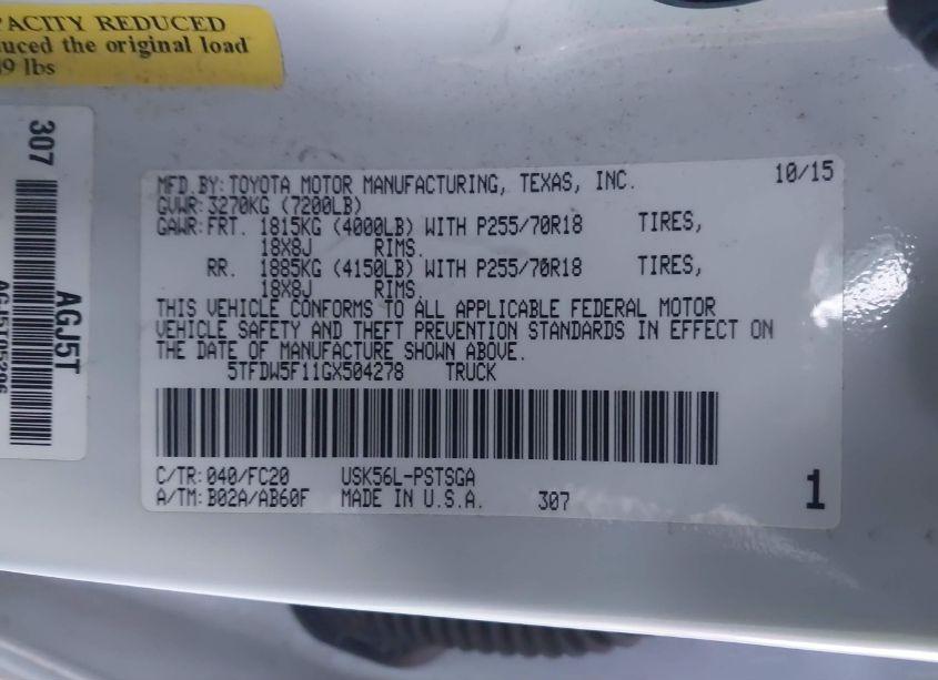 Photo 9 of 2016 Toyota Tundra SR5 5.7L V8 (VIN 5TFDW5F11GX504278)