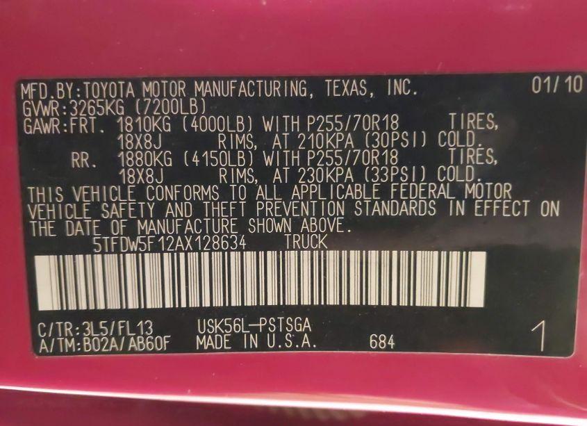 Photo 9 of 2010 Toyota Tundra GRADE 5.7L V8 (VIN 5TFDW5F12AX128634)
