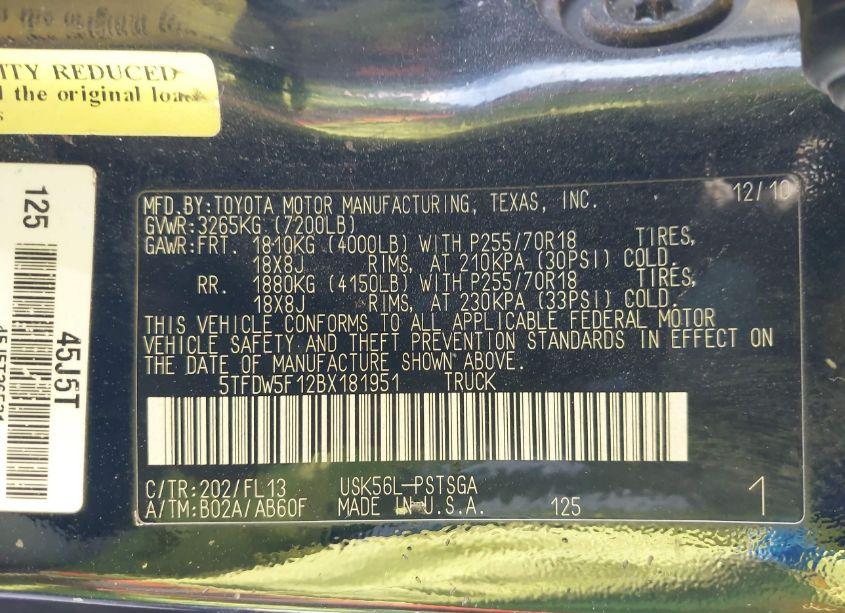 Photo 9 of 2011 Toyota Tundra GRADE 5.7L V8 (VIN 5TFDW5F12BX181951)