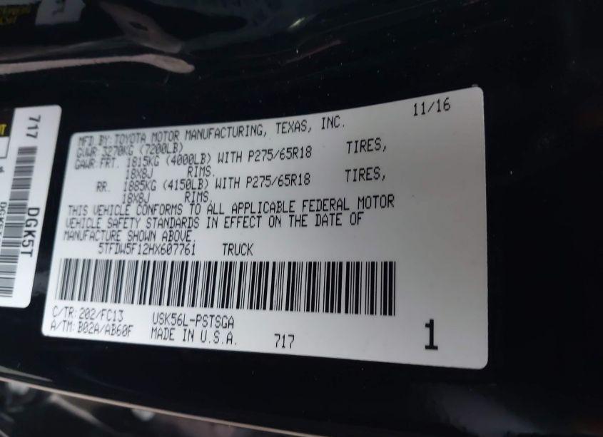 Photo 9 of 2017 Toyota Tundra SR5 5.7L V8 (VIN 5TFDW5F12HX607761)