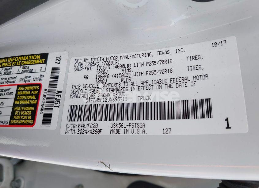 Photo 9 of 2018 Toyota Tundra SR5 5.7L V8 (VIN 5TFDW5F12JX693711)