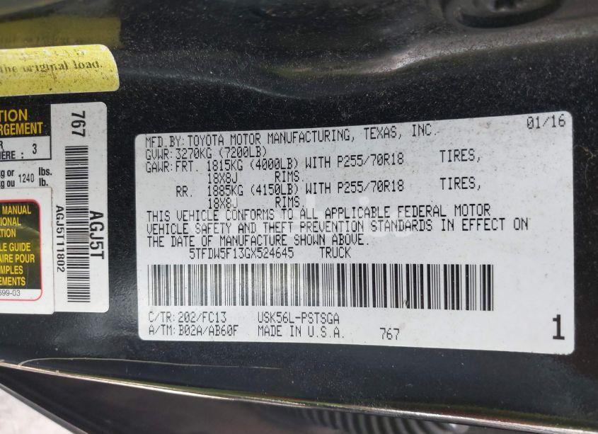 Photo 9 of 2016 Toyota Tundra SR5 5.7L V8/TRD PRO 5.7L V8 (VIN 5TFDW5F13GX524645)