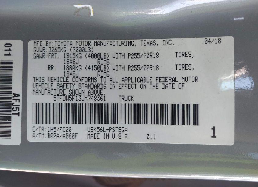 Photo 9 of 2018 Toyota Tundra SR5 5.7L V8 (VIN 5TFDW5F13JX748361)