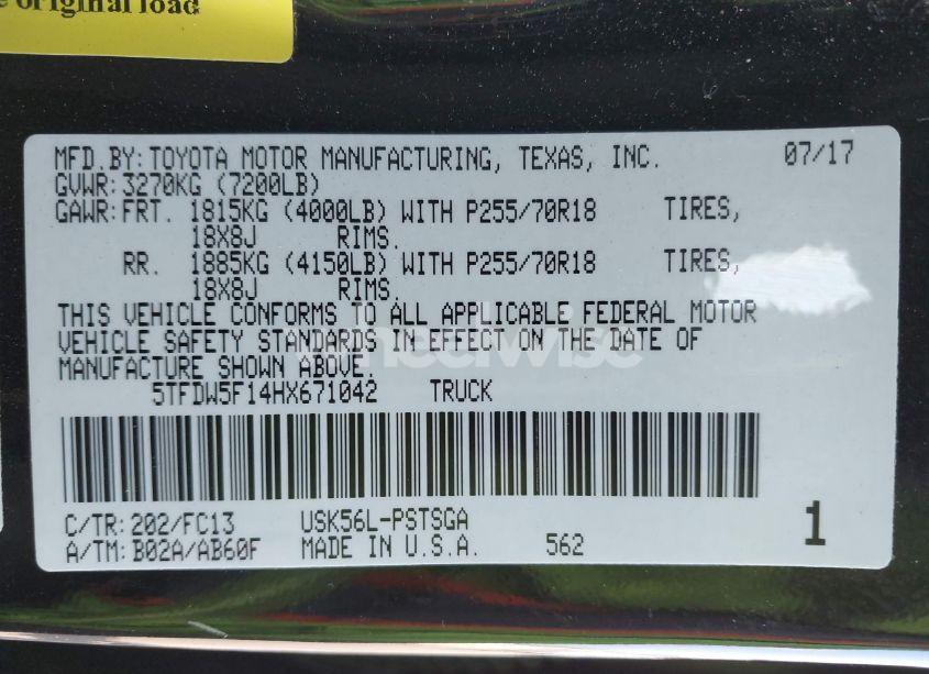 Photo 9 of 2017 Toyota Tundra SR5 5.7L V8 (VIN 5TFDW5F14HX671042)