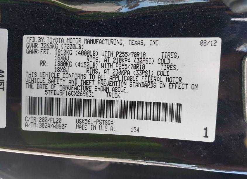 Photo 9 of 2012 Toyota Tundra GRADE 5.7L V8 (VIN 5TFDW5F16CX269631)