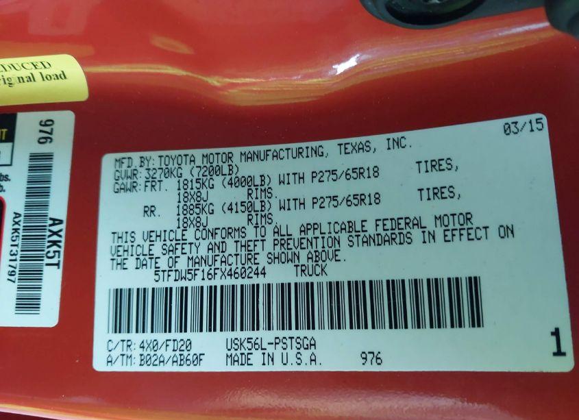 Photo 9 of 2015 Toyota Tundra TRD PRO 5.7L V8 (VIN 5TFDW5F16FX460244)