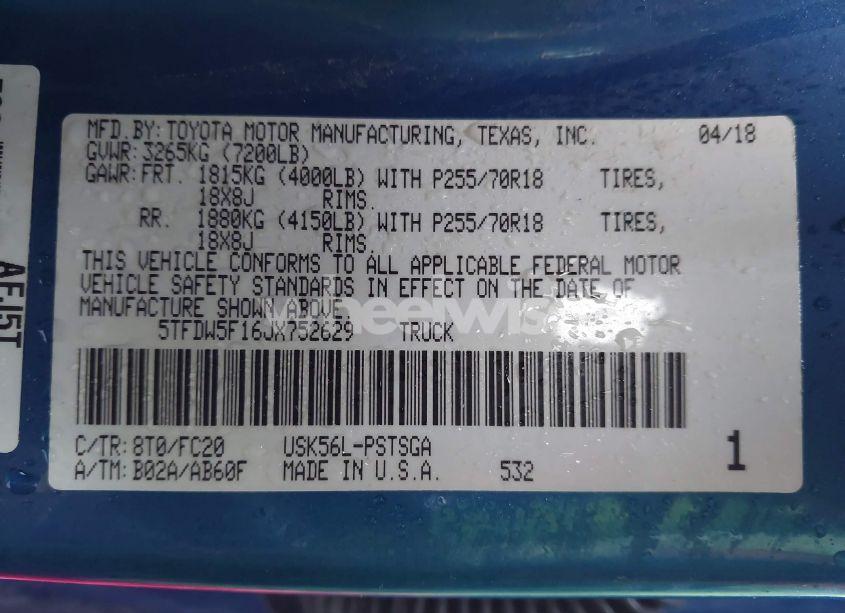 Photo 9 of 2018 Toyota Tundra SR5 5.7L V8 (VIN 5TFDW5F16JX752629)