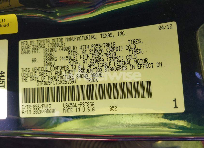 Photo 9 of 2012 Toyota Tundra GRADE 5.7L V8 (VIN 5TFDW5F17CX251591)