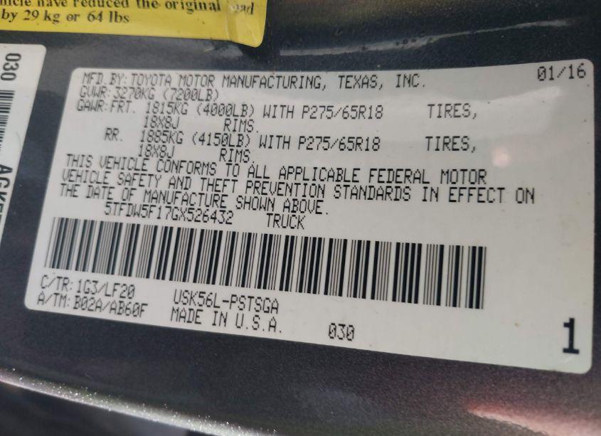 Photo 9 of 2016 Toyota Tundra TRD PRO 5.7L V8 (VIN 5TFDW5F17GX526432)