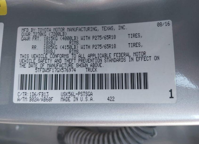 Photo 9 of 2016 Toyota Tundra SR5 5.7L V8 (VIN 5TFDW5F17GX576974)