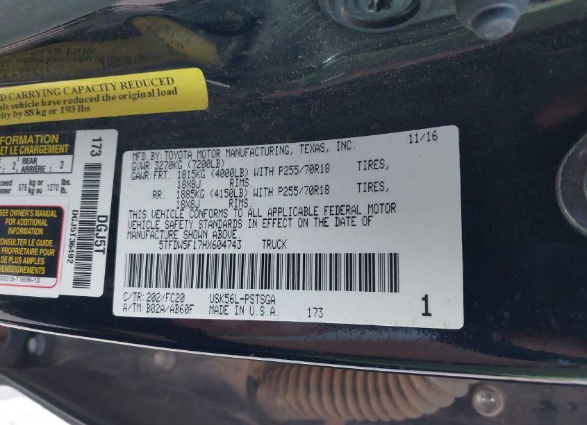 Photo 9 of 2017 Toyota Tundra SR5 5.7L V8 (VIN 5TFDW5F17HX604743)