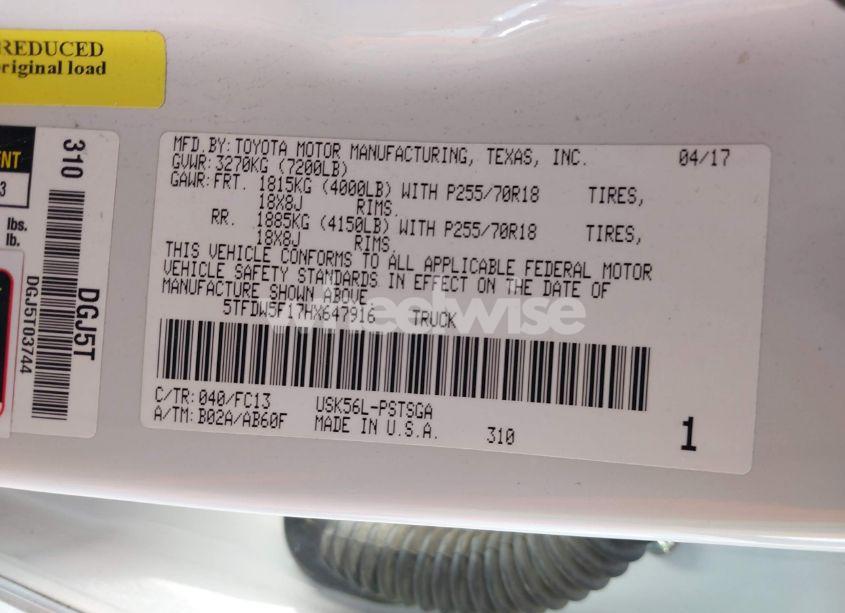 Photo 9 of 2017 Toyota Tundra SR5 5.7L V8 (VIN 5TFDW5F17HX647916)