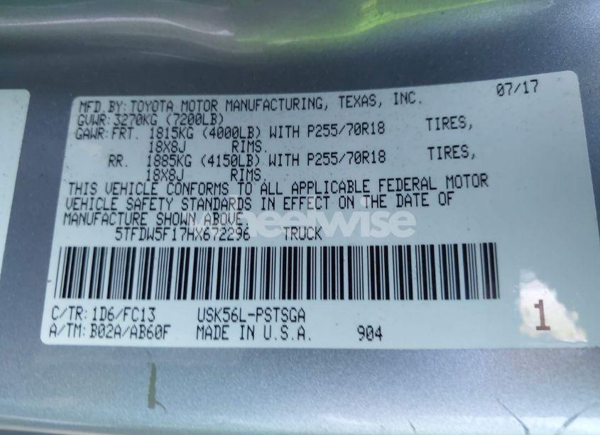 Photo 9 of 2017 Toyota Tundra SR5 5.7L V8 (VIN 5TFDW5F17HX672296)