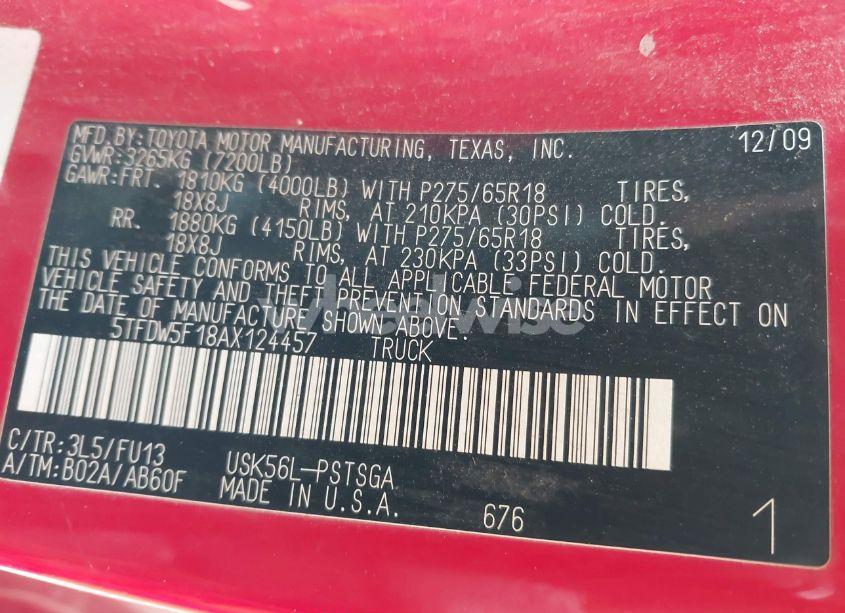 Photo 9 of 2010 Toyota Tundra GRADE 5.7L V8 (VIN 5TFDW5F18AX124457)