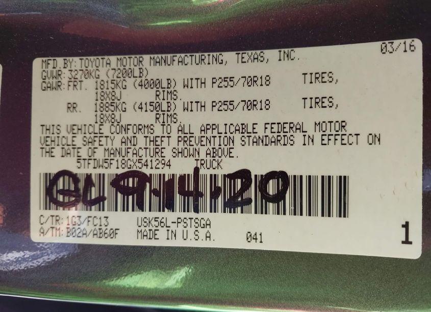 Photo 9 of 2016 Toyota Tundra SR5 5.7L V8 (VIN 5TFDW5F18GX541294)