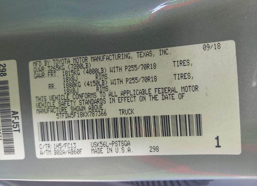 Photo 9 of 2019 Toyota Tundra SR5 5.7L V8 (VIN 5TFDW5F18KX787366)