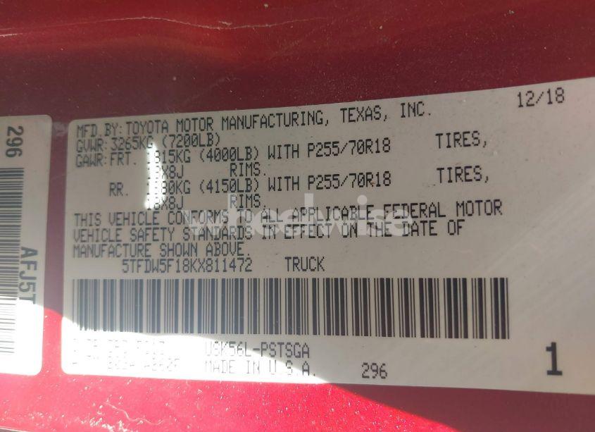 Photo 9 of 2019 Toyota Tundra SR5 5.7L V8 (VIN 5TFDW5F18KX811472)