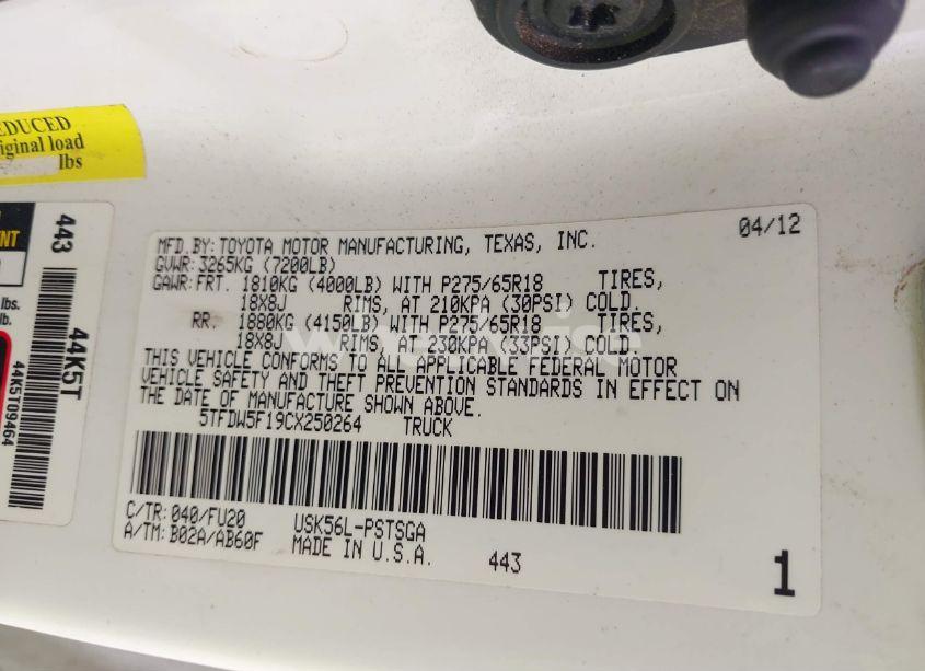 Photo 9 of 2012 Toyota Tundra GRADE 5.7L V8 (VIN 5TFDW5F19CX250264)