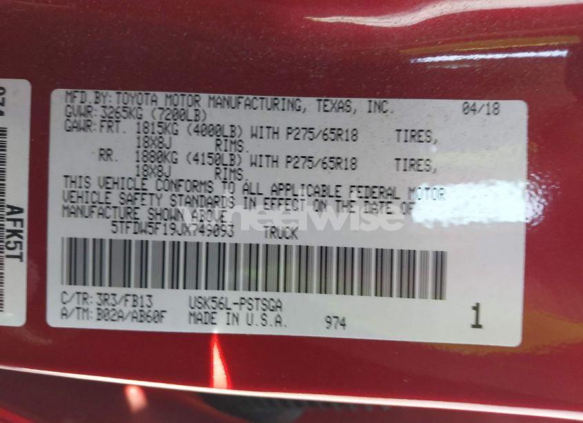 Photo 9 of 2018 Toyota Tundra SR5 5.7L V8 (VIN 5TFDW5F19JX749093)