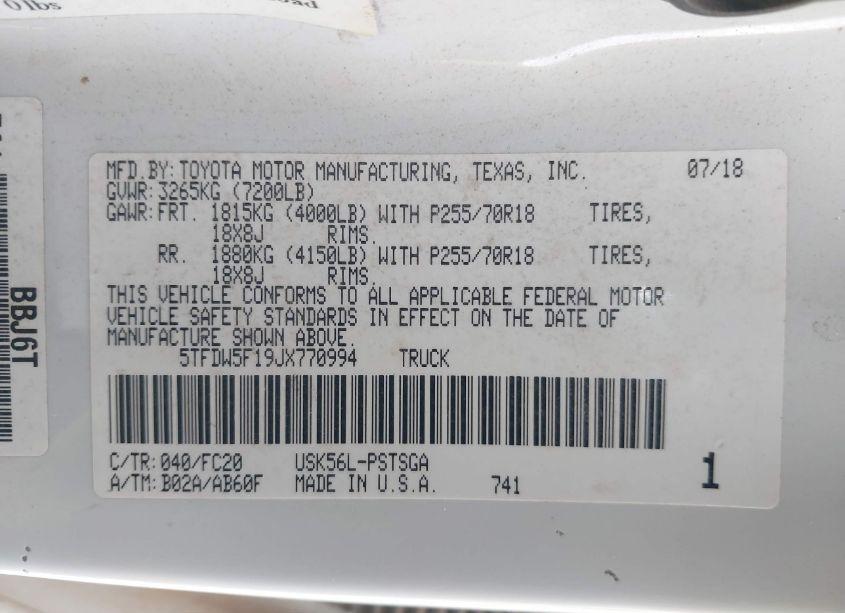 Photo 9 of 2018 Toyota Tundra SR5 5.7L V8 (VIN 5TFDW5F19JX770994)