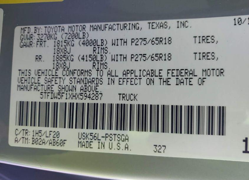 Photo 9 of 2017 Toyota Tundra TRD PRO 5.7L V8 (VIN 5TFDW5F1XHX594287)