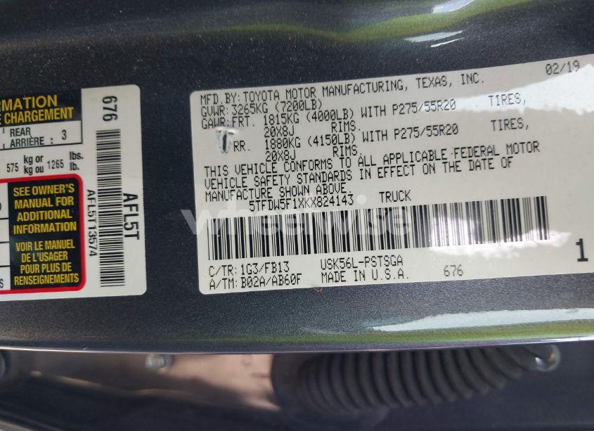 Photo 9 of 2019 Toyota Tundra SR5 5.7L V8 (VIN 5TFDW5F1XKX824143)