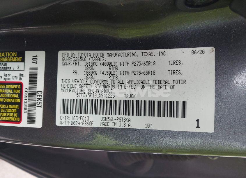 Photo 9 of 2020 Toyota Tundra SR5 (VIN 5TFDY5F10LX941225)