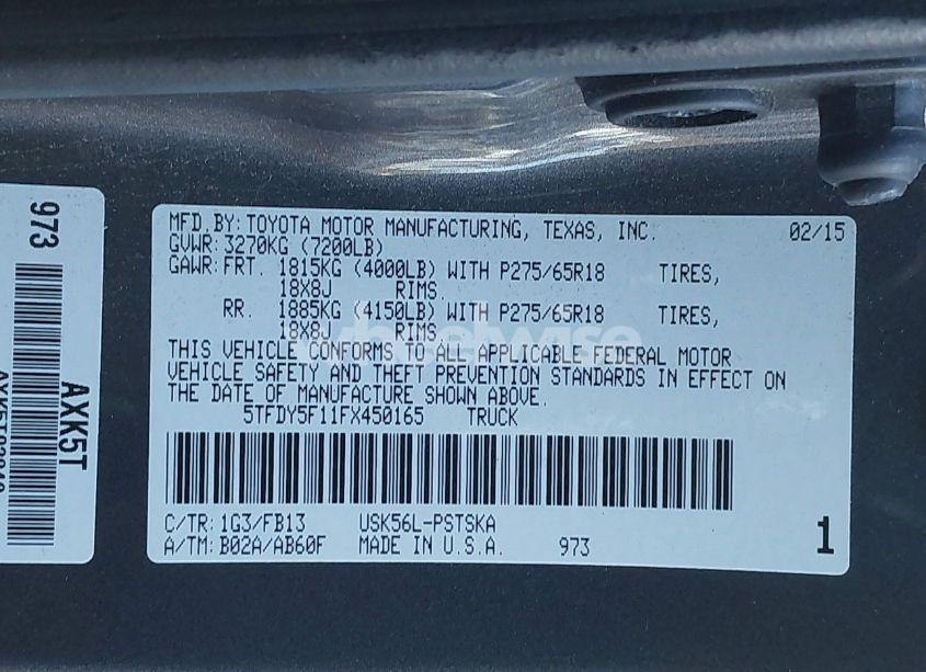 Photo 9 of 2015 Toyota Tundra SR5 5.7L V8 (VIN 5TFDY5F11FX450165)