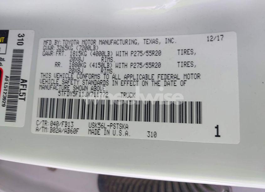 Photo 9 of 2018 Toyota Tundra SR5 5.7L V8 (VIN 5TFDY5F11JX711772)