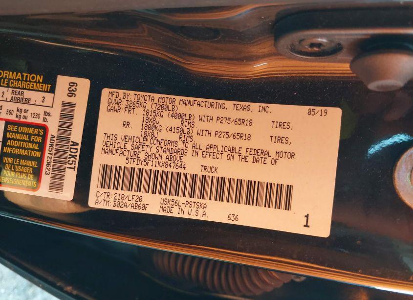 Photo 9 of 2019 Toyota Tundra TRD PRO 5.7L V8 (VIN 5TFDY5F11KX847644)