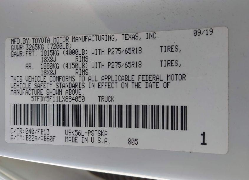 Photo 9 of 2020 Toyota Tundra SR5 (VIN 5TFDY5F11LX884050)