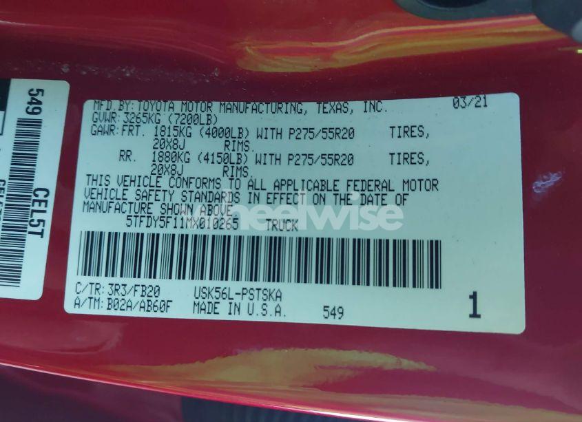 Photo 9 of 2021 Toyota Tundra SR5 (VIN 5TFDY5F11MX010265)